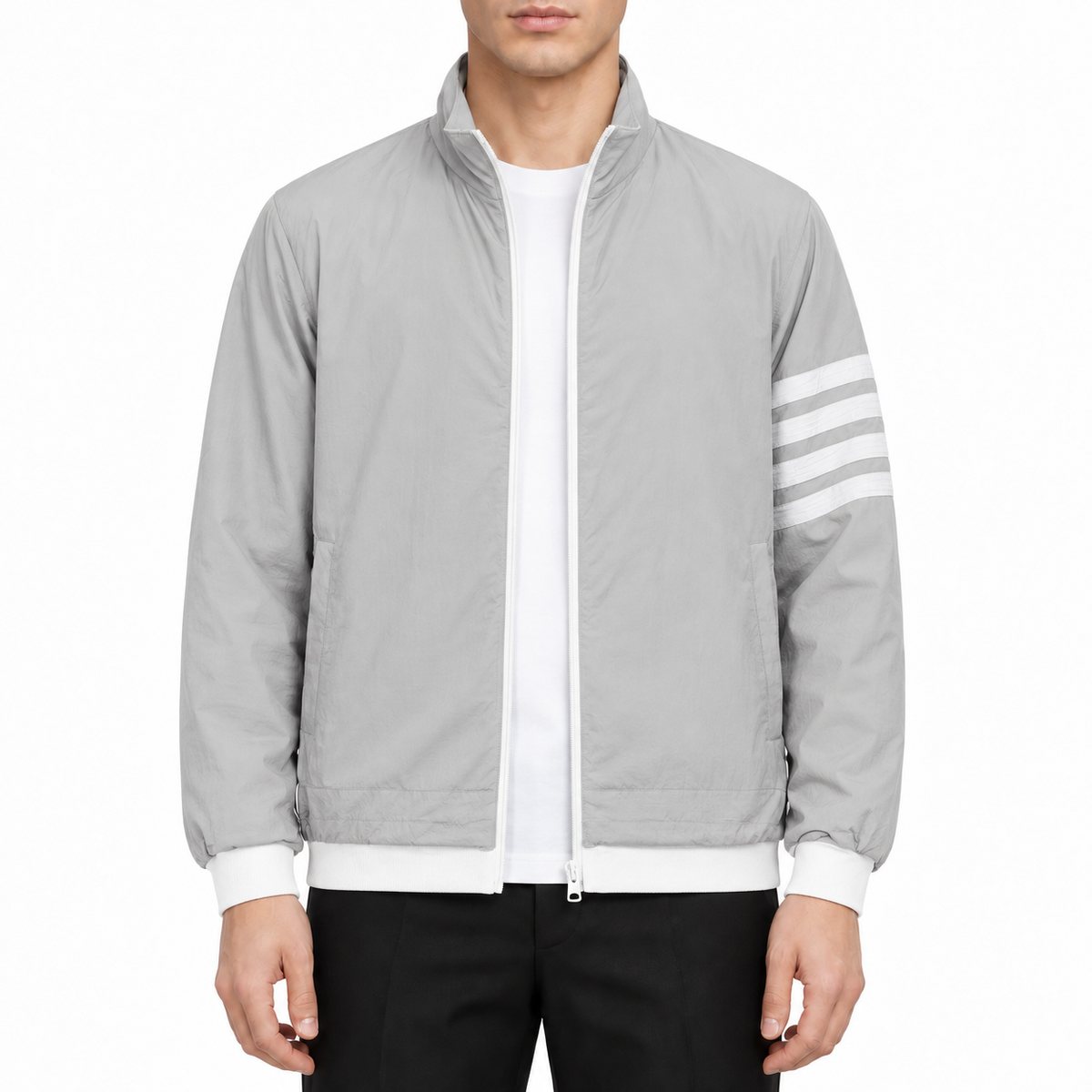Checkered embossed jacket by Thom Browne, modeled on a pure white background