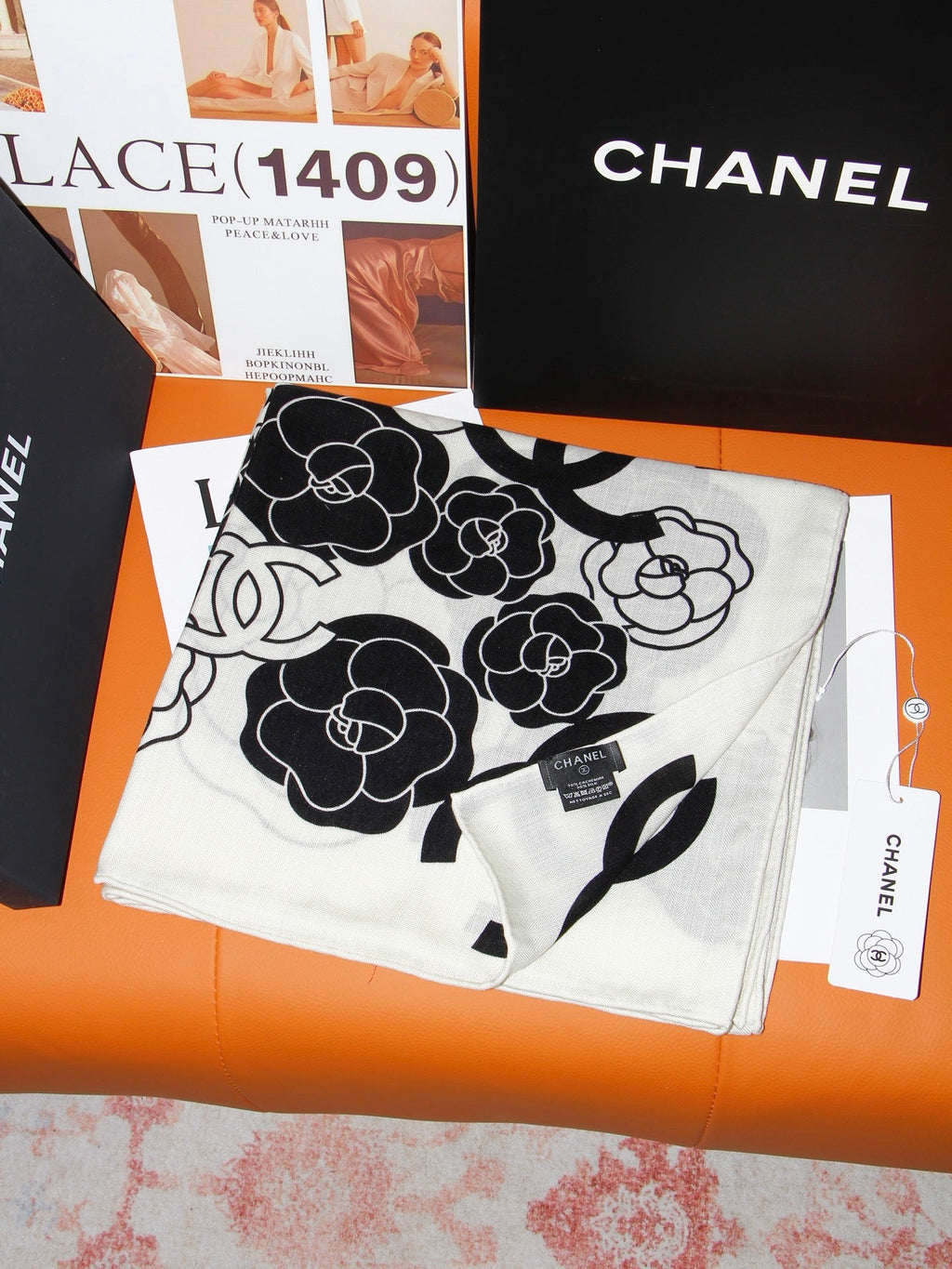 Chanel Style Camellia Velvet Shawl - White Black - Detail Image 3