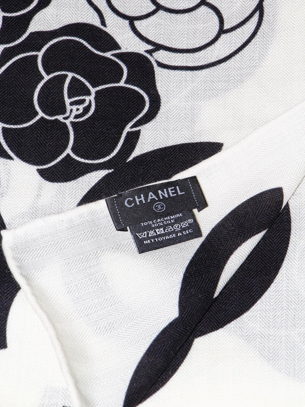 Chanel Style Camellia Velvet Shawl - White Black - Detail Image 4