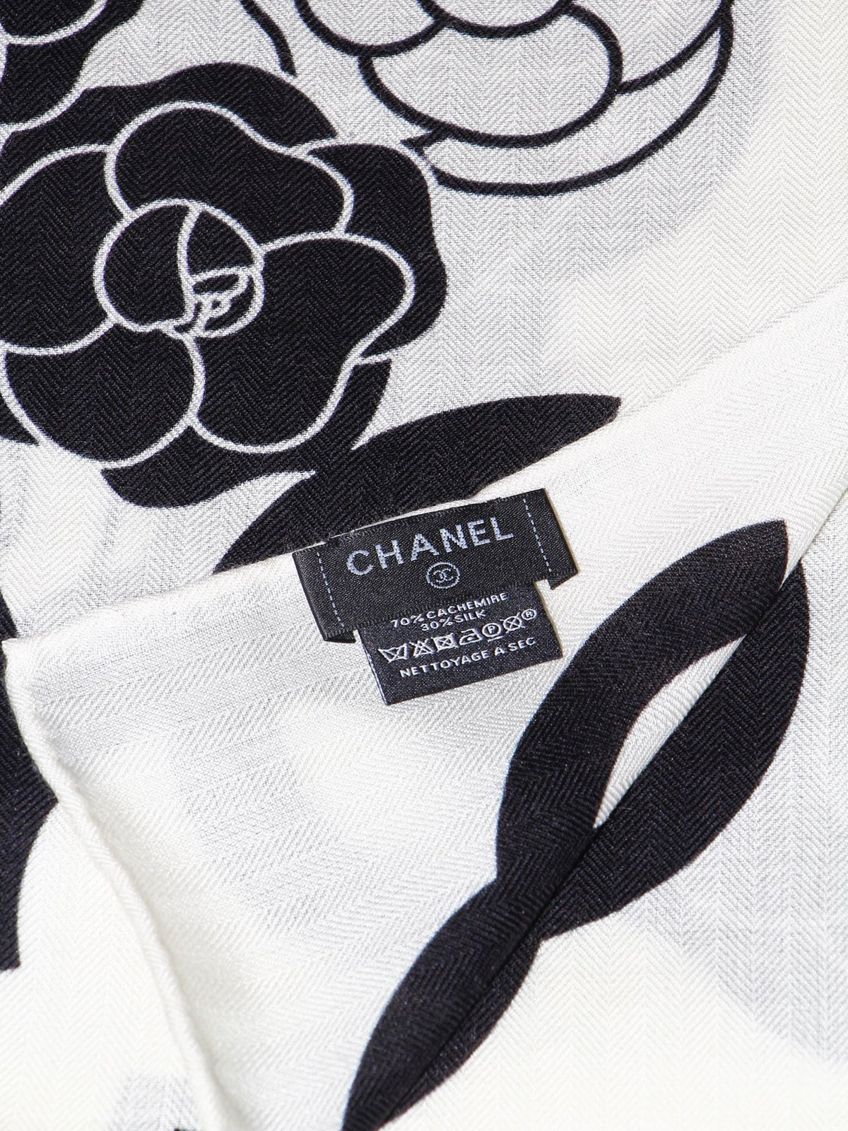 Chanel Style Camellia Velvet Shawl - White Black - Detail Image 4