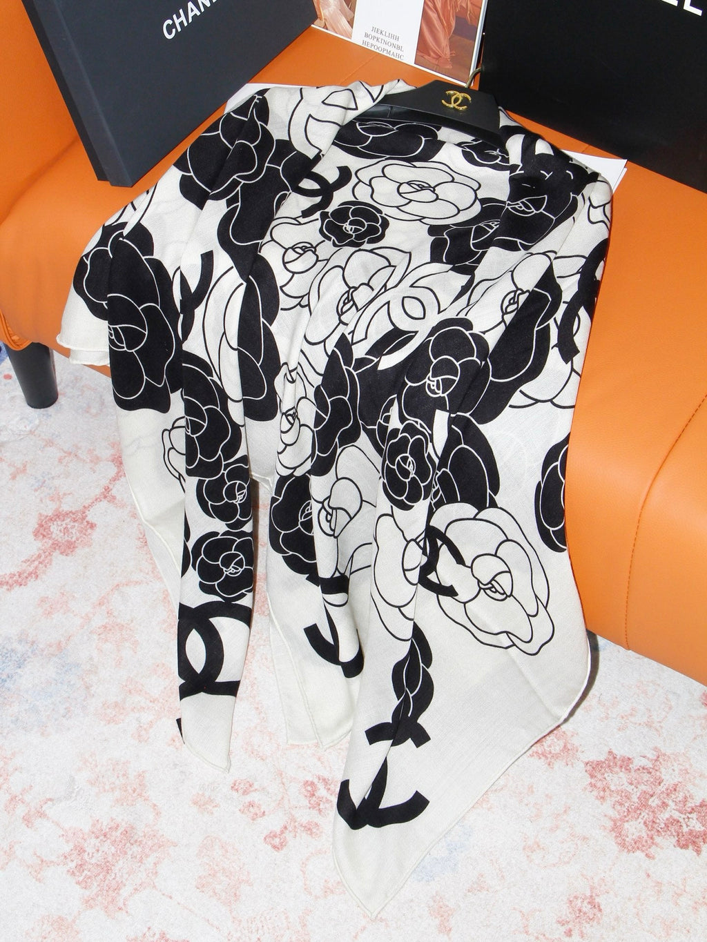Chanel Style Camellia Velvet Shawl - White Black - Detail Image 7