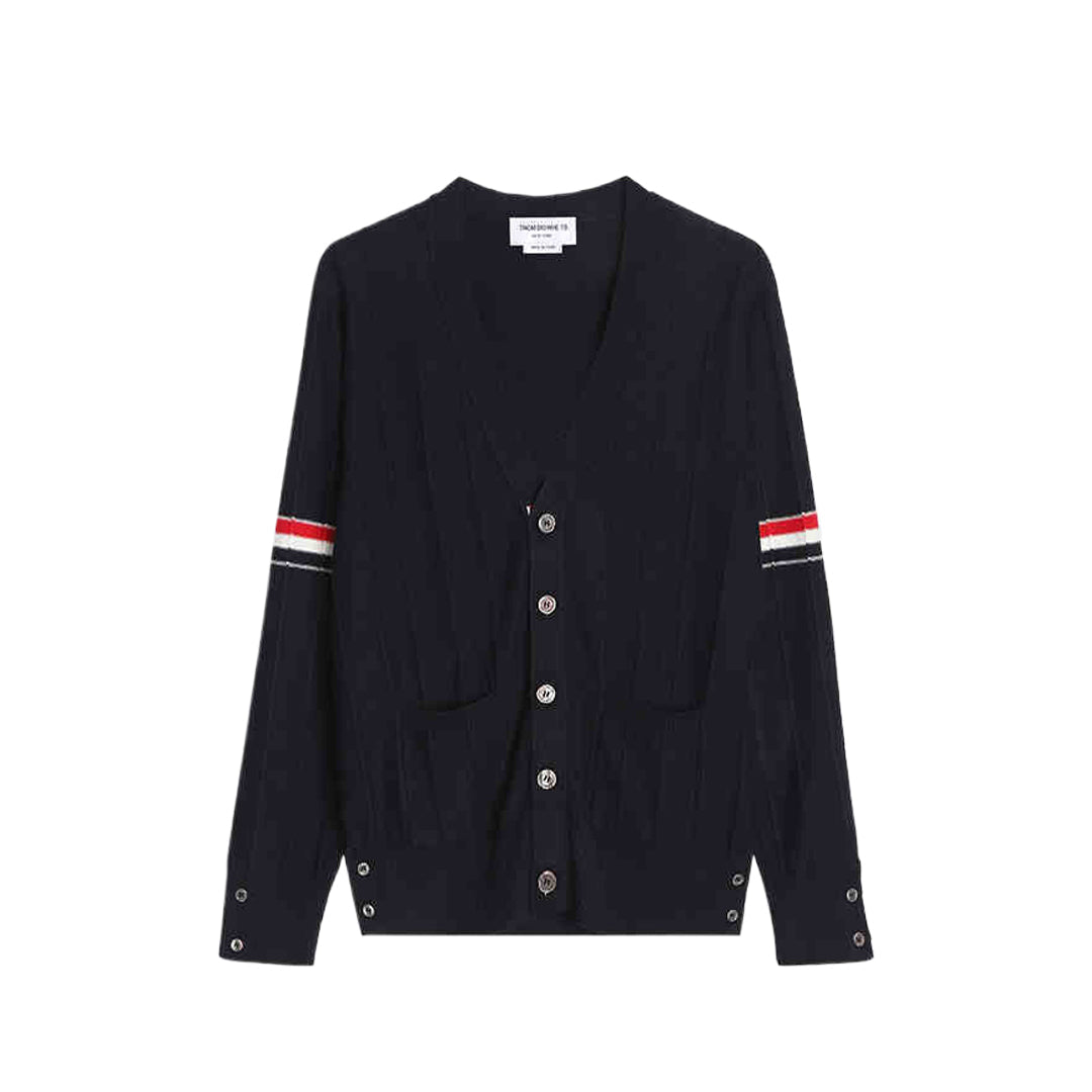 Men's sweater coat by Thom Browne, knitwear detail view