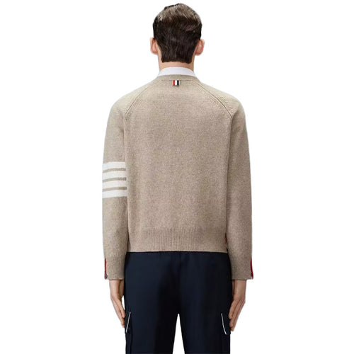 4 - Bar Premium Cotton V - Neck Cardigan - Classic Khaki Knit by Thom Browne, knitwear detail view