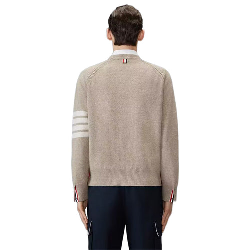 4 - Bar Cotton V - Neck Cardigan - Premium Khaki Knit Sweater by Thom Browne, knitwear detail view
