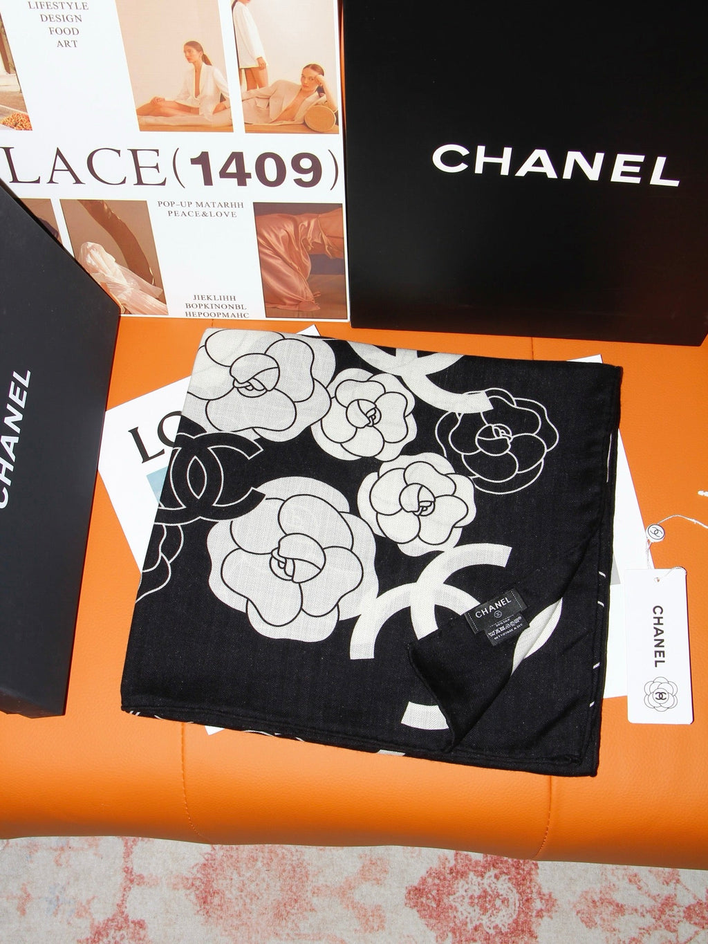 Chanel Style Camellia Velvet Shawl - Black White - Detail Image 3