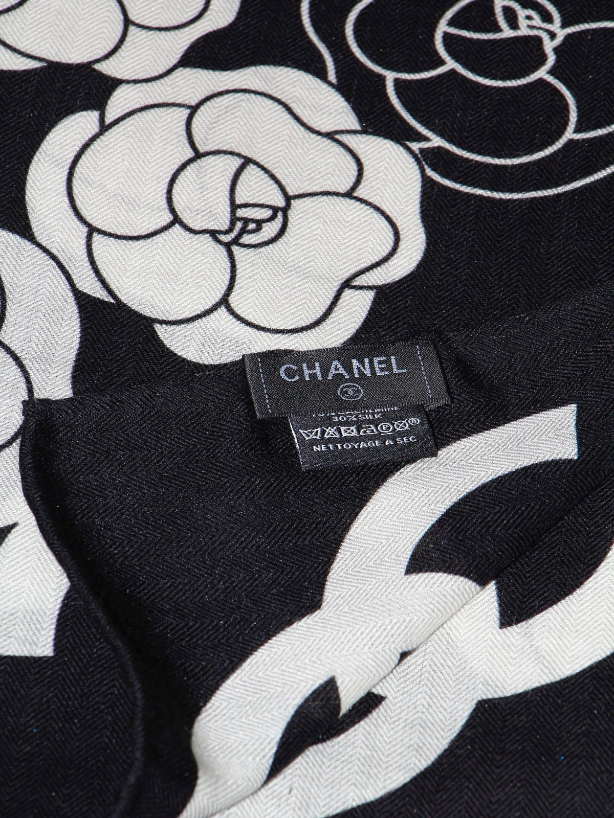 Chanel Style Camellia Velvet Shawl - Black White - Detail Image 4