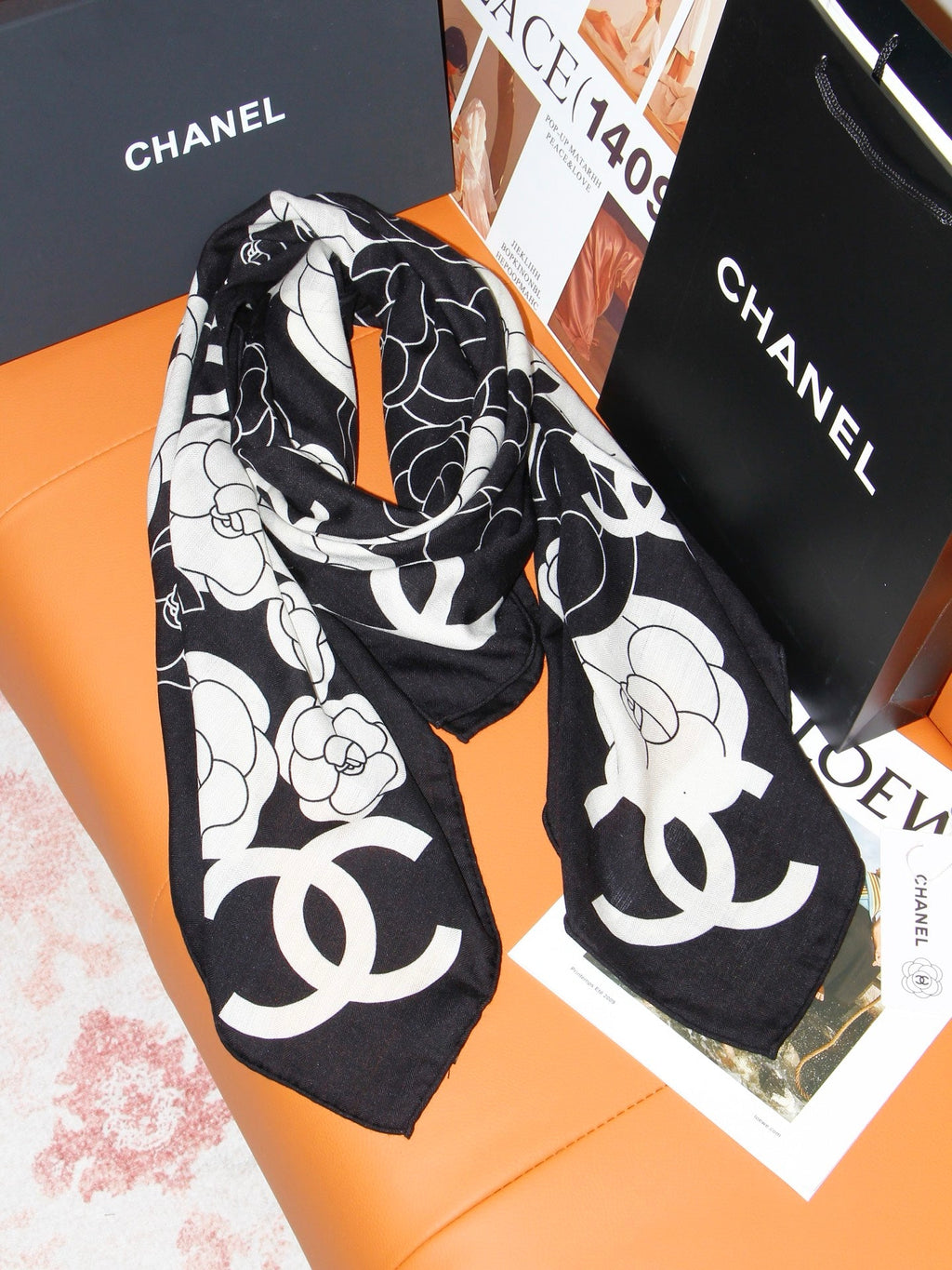 Chanel Style Camellia Velvet Shawl - Black White - Detail Image 5