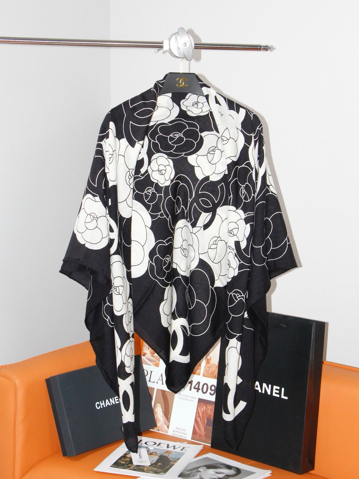 Chanel Style Camellia Velvet Shawl - Black White - Detail Image 6