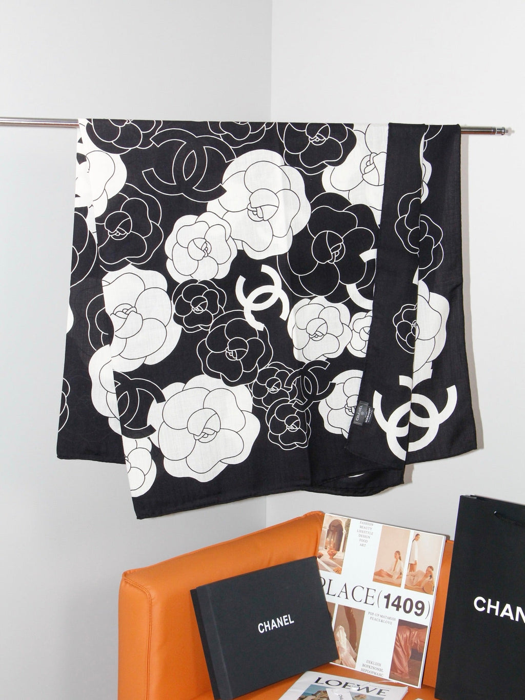 Chanel Style Camellia Velvet Shawl - Black White - Detail Image 8