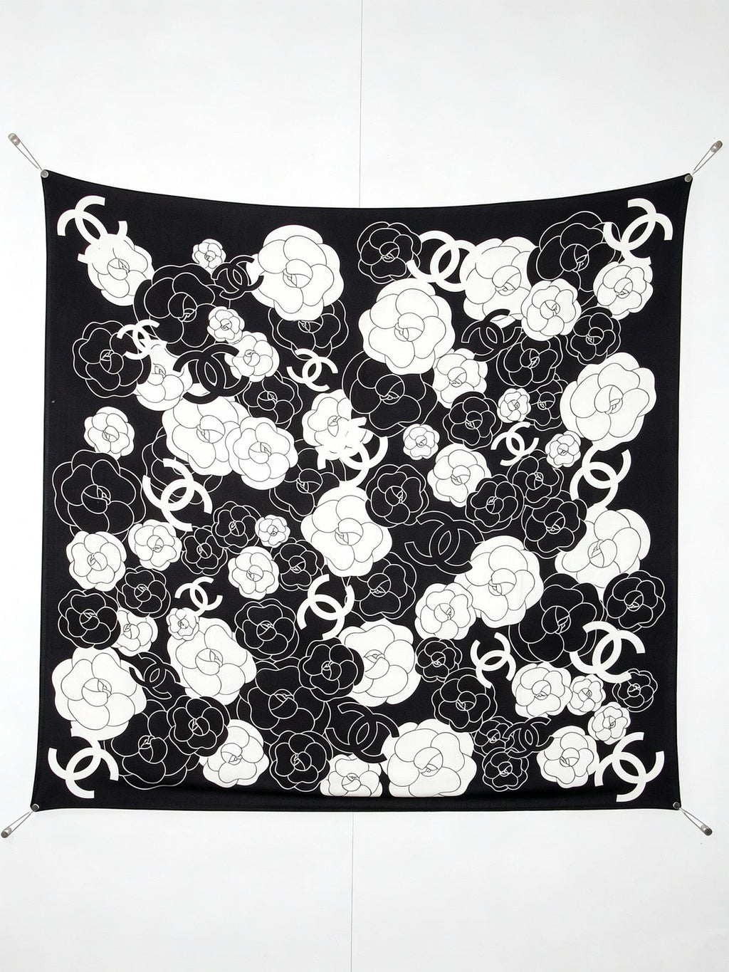 Chanel Style Camellia Velvet Shawl - Black White - Detail Image 9
