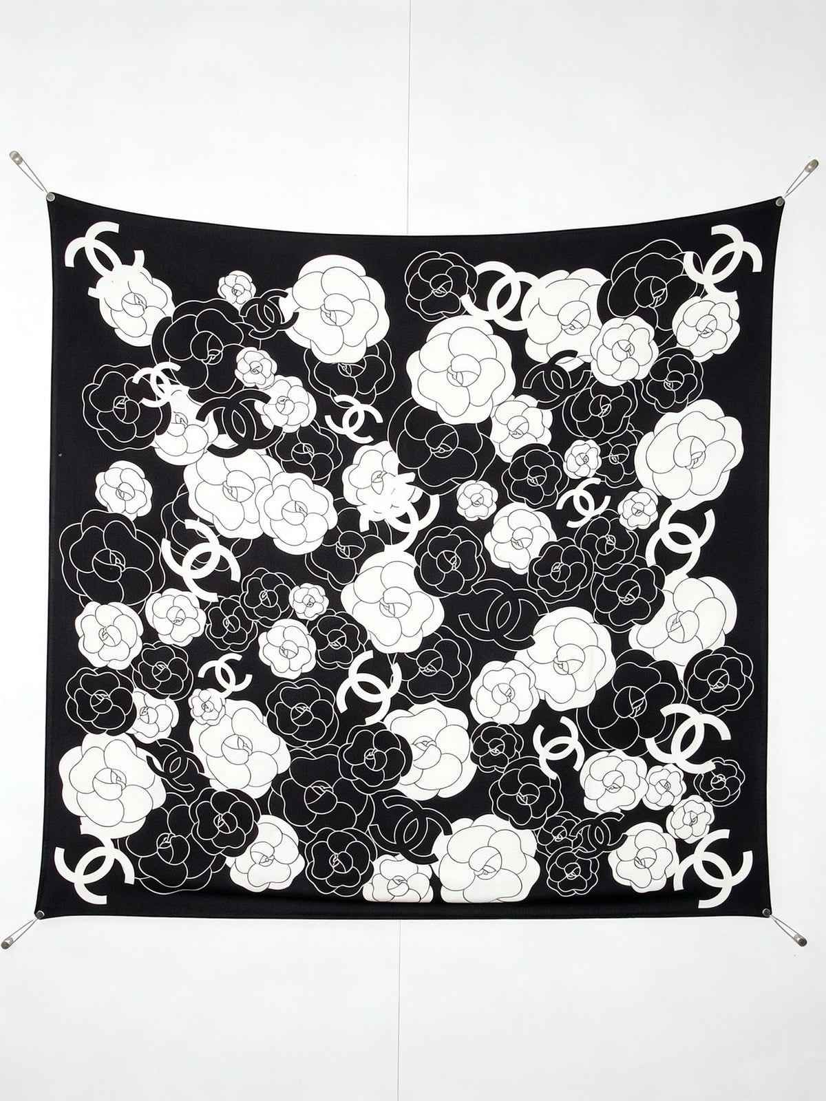 Chanel Style Camellia Velvet Shawl - Black White - Detail Image 9