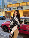 Chanel Style Camellia Velvet Shawl - Black White - Model Worn Main Image