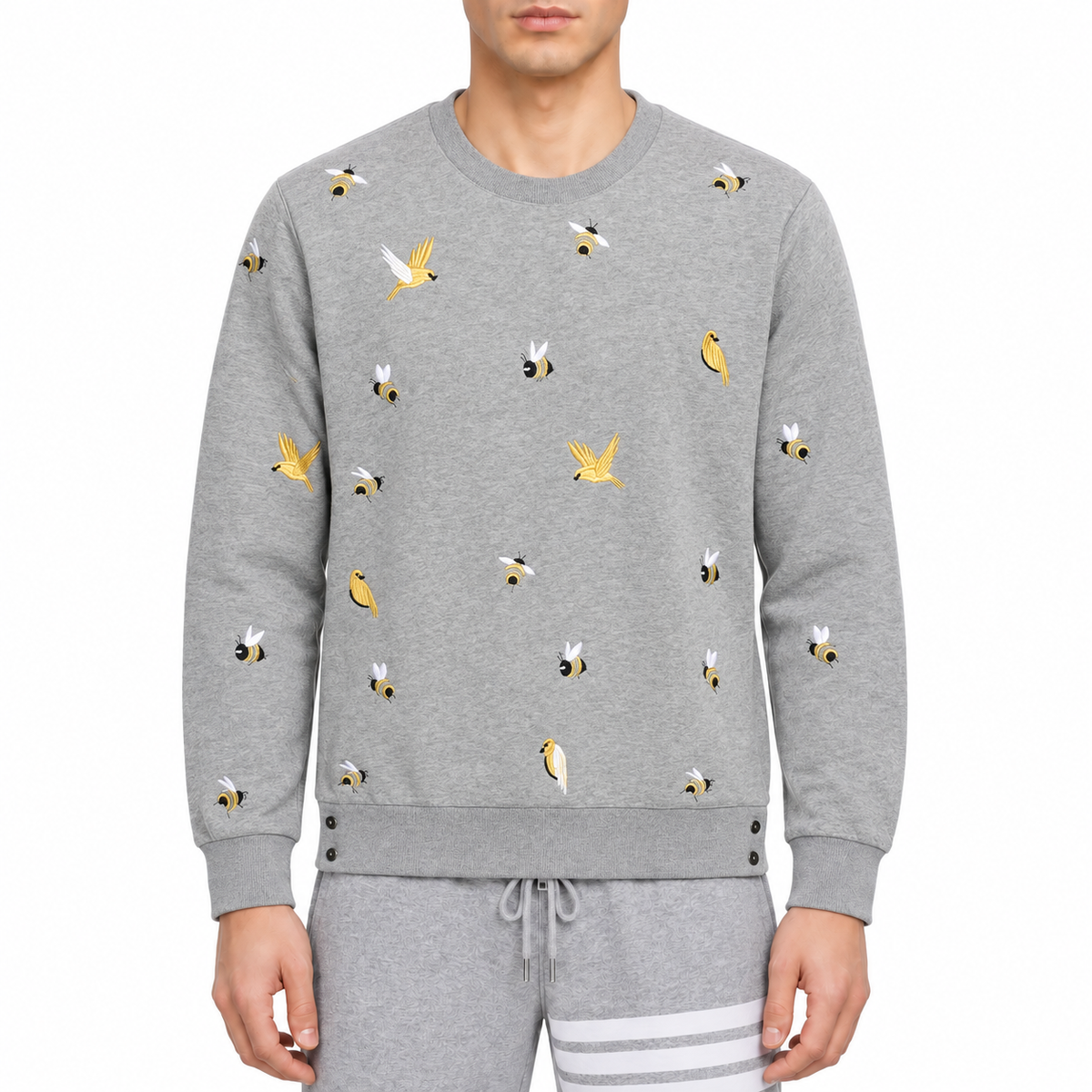 Premium 100% Cotton Embroidered Zip - Up Hoodie - Full - Zip Hooded Sweatshirt by Thom Browne, modeled on a pure white backgr