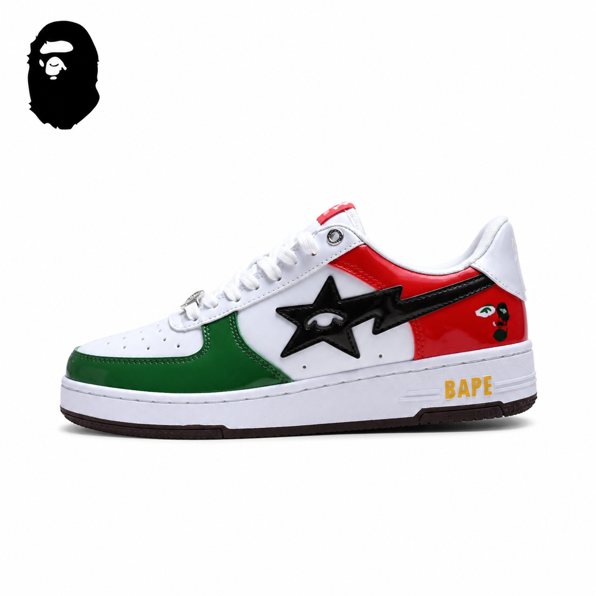 BAPE STA Low-Top Sneakers - White/Green/Red, single side view on a white background