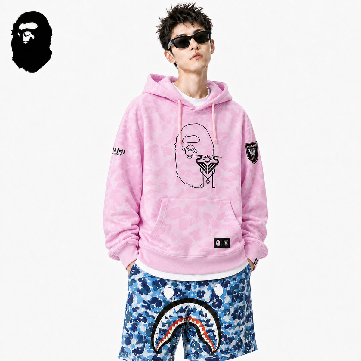 BAPE x Miami Graphic Hoodie - Black, Grey & Pink styled on a male model