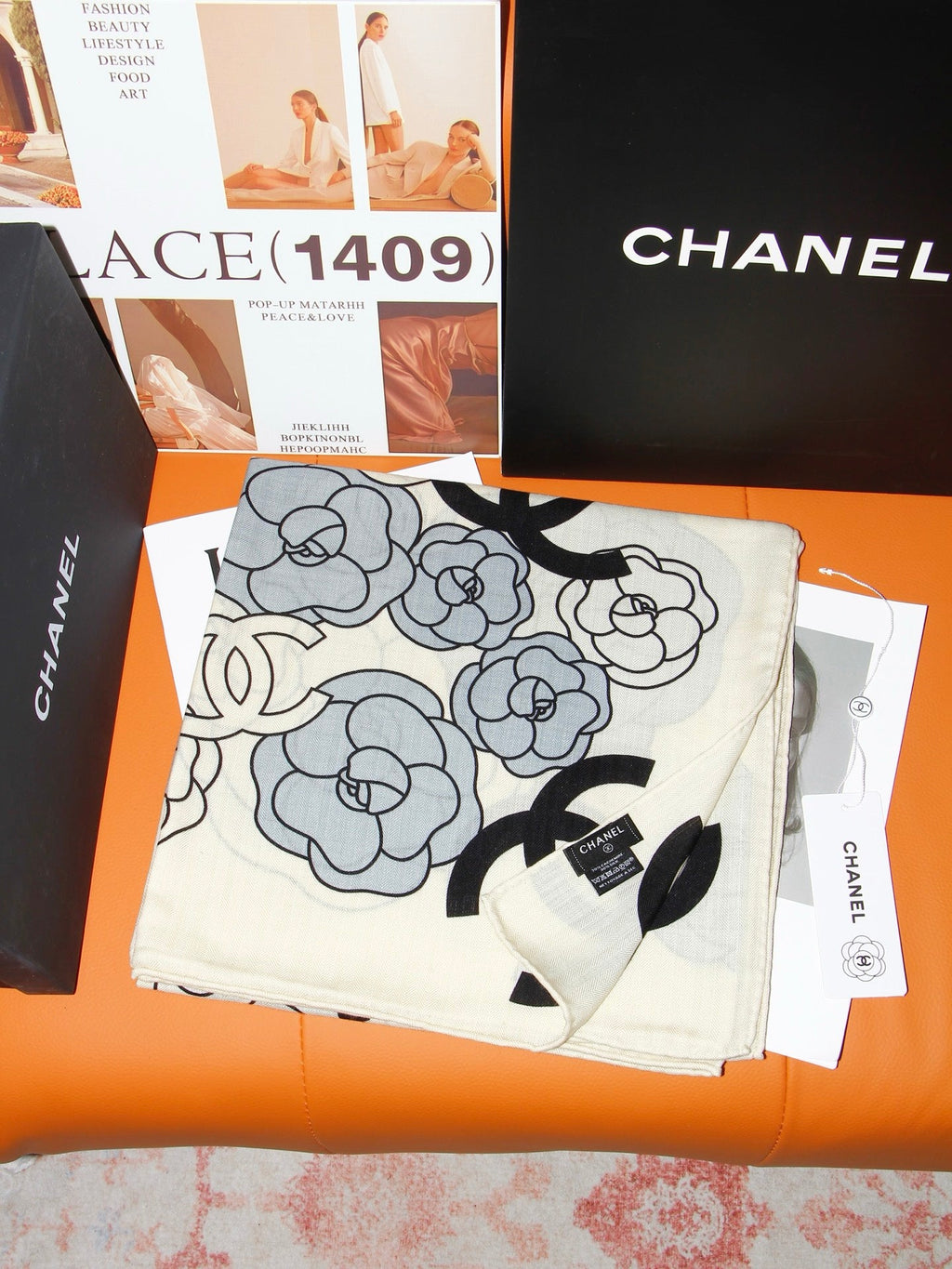 Chanel Style Camellia Velvet Shawl - Light Blue - Detail Image 3