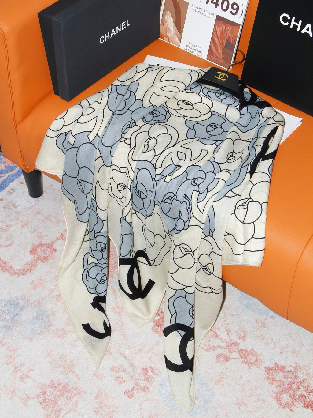 Chanel Style Camellia Velvet Shawl - Light Blue - Detail Image 7