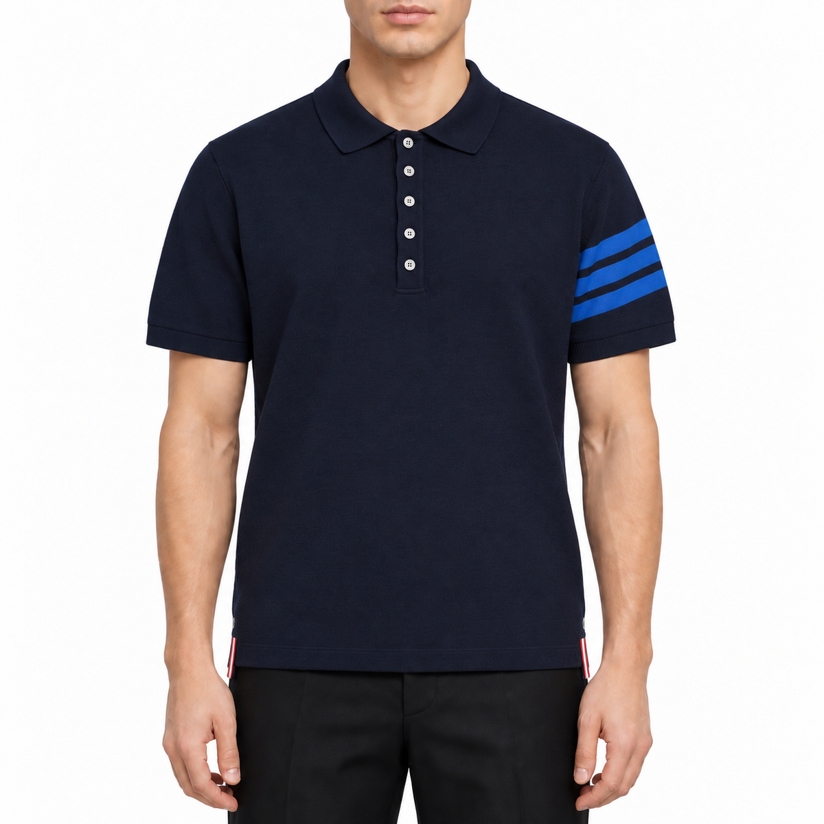 Men's Classic Four-Bar Polo Shirt by Thom Browne, modeled on a pure white background