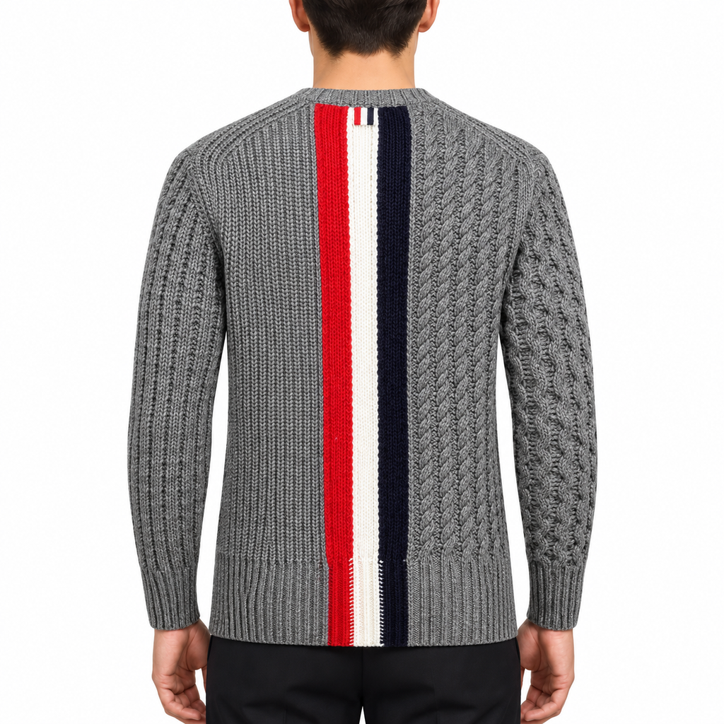 Men's Couples Knitwear by Thom Browne, modeled on a pure white background
