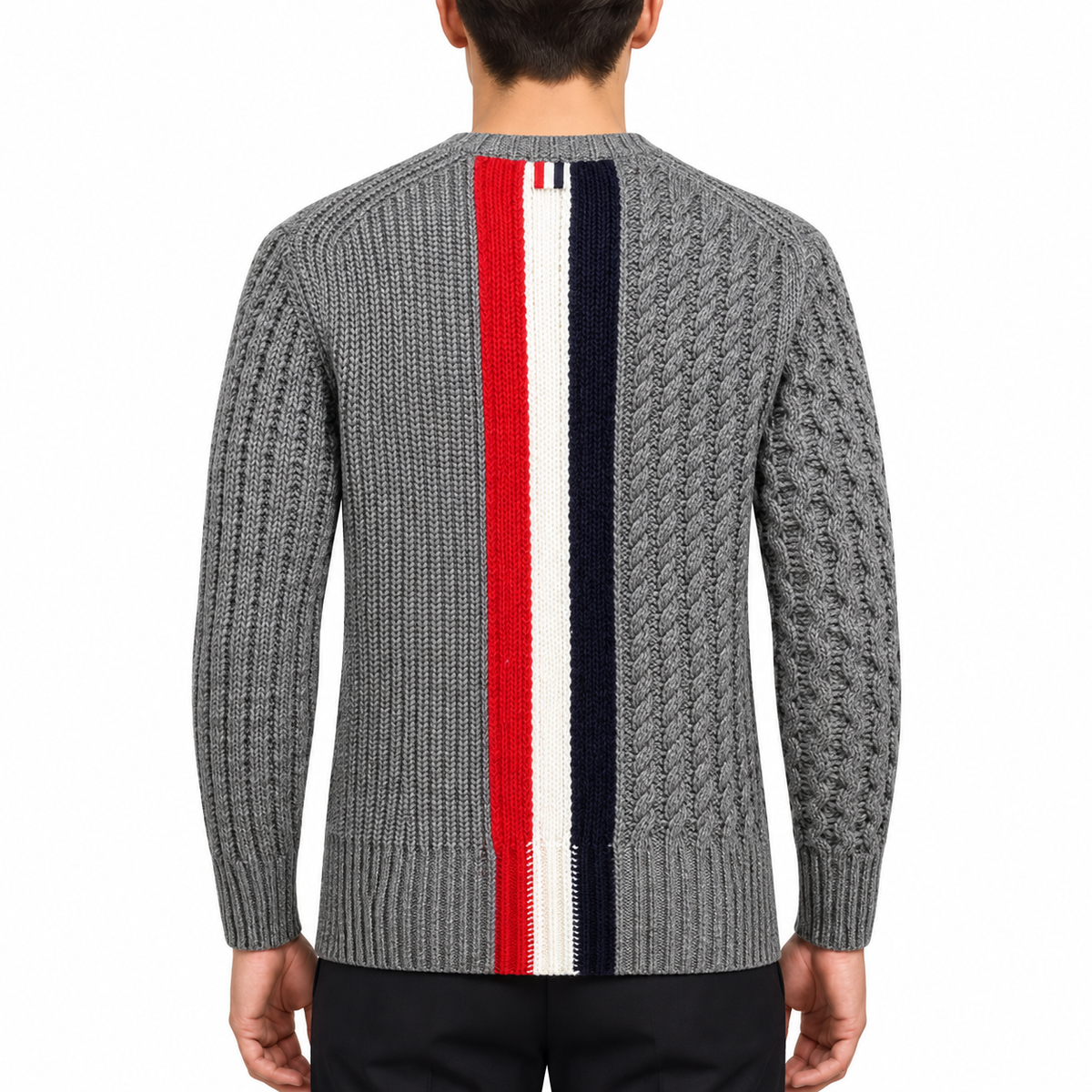 Men's Couples Knitwear by Thom Browne, modeled on a pure white background