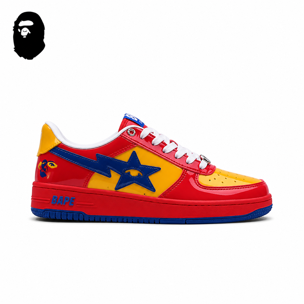 BAPE STA Low-Top Sneakers - Red/Yellow/Blue, single side view on a white background