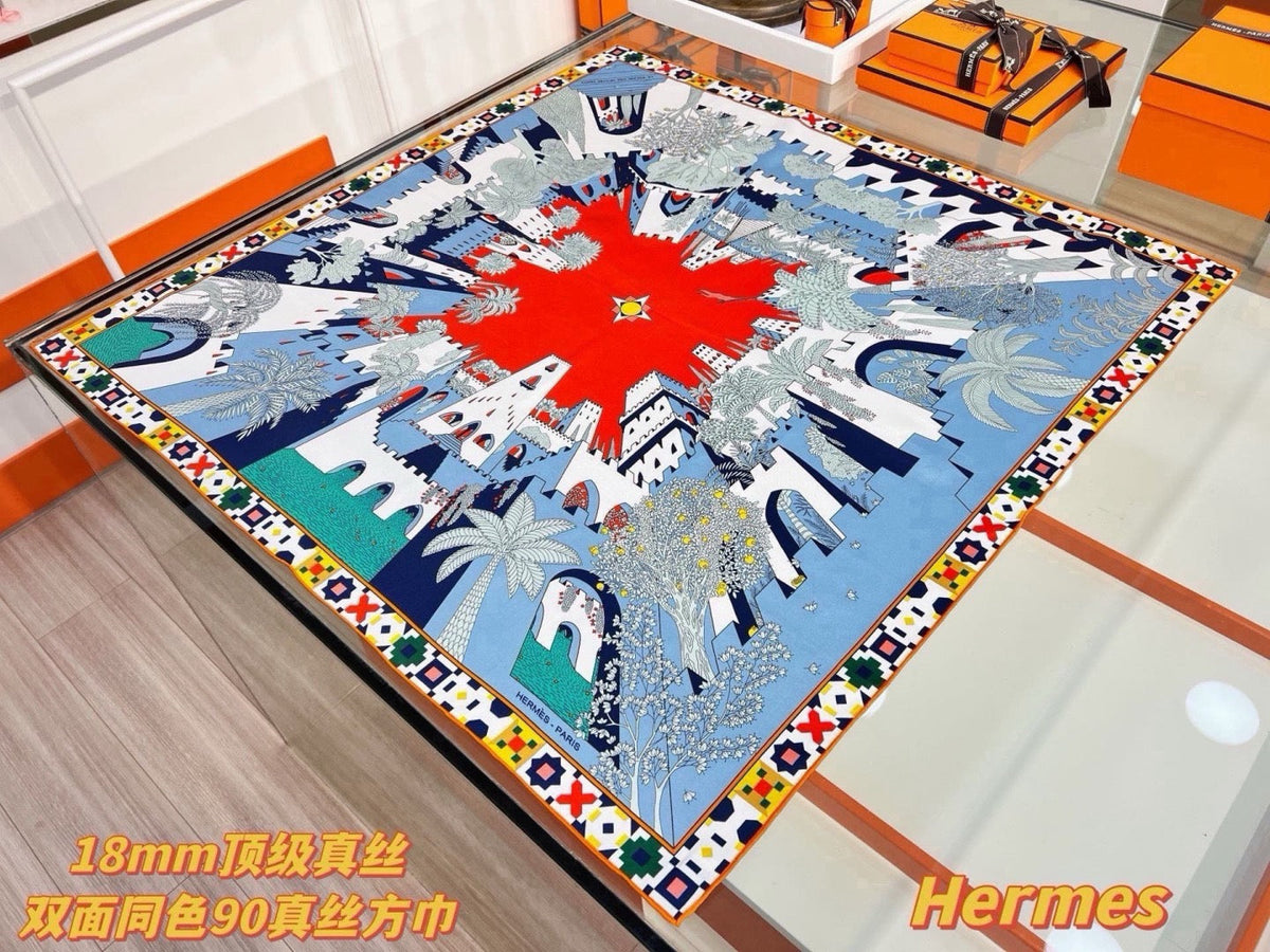 Hermes Style Palace of the Four Winds Double-Sided Silk Scarf - Blue - Detail Image 2
