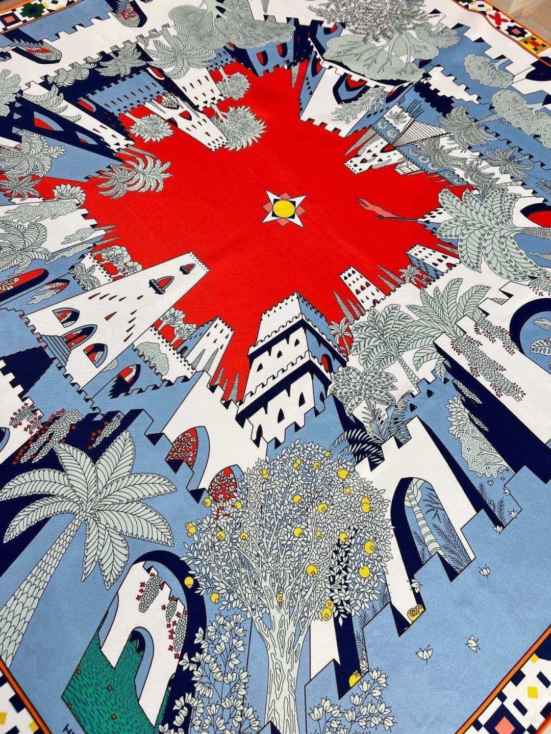 Hermes Style Palace of the Four Winds Double-Sided Silk Scarf - Blue - Detail Image 5