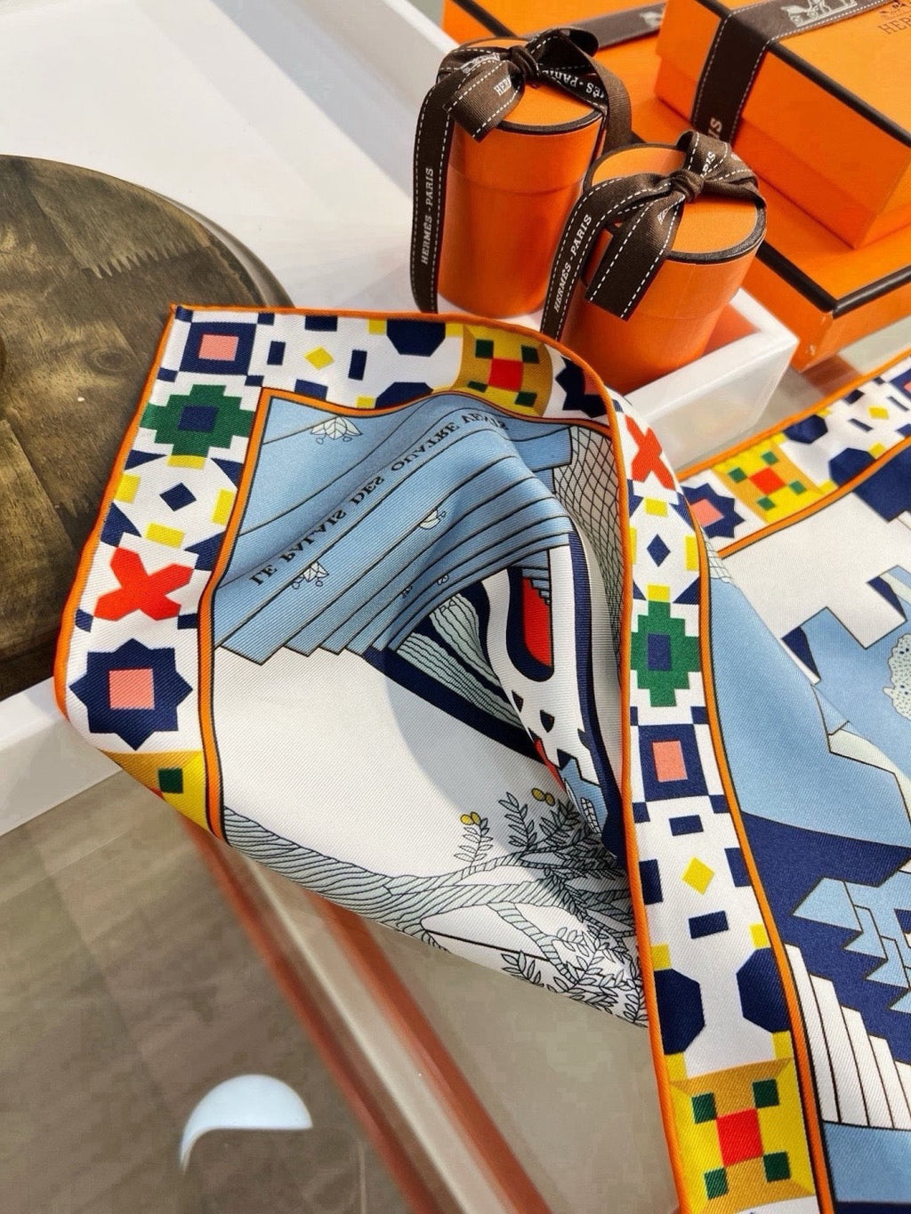 Hermes Style Palace of the Four Winds Double-Sided Silk Scarf - Blue - Detail Image 7