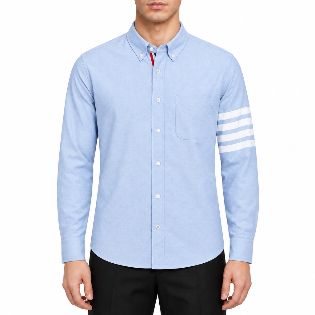 Men's shirt by Thom Browne, modeled on a pure white background