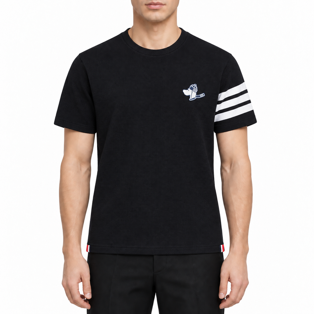 Men's T-shirts by Thom Browne, modeled on a pure white background
