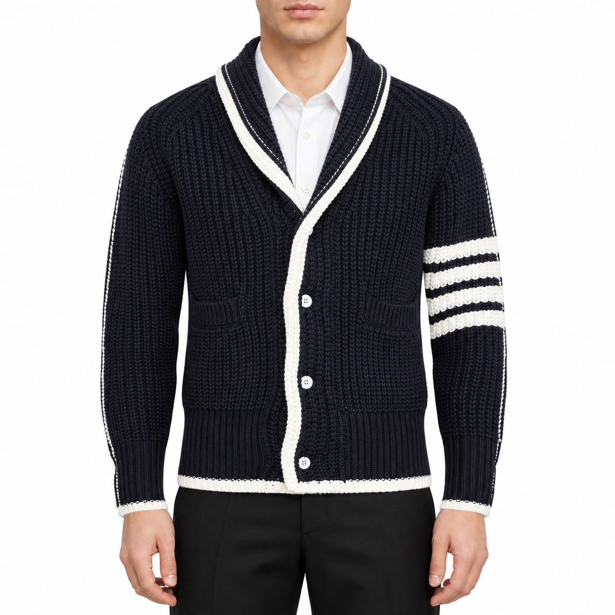 Men's Cardigan by Thom Browne, modeled on a pure white background