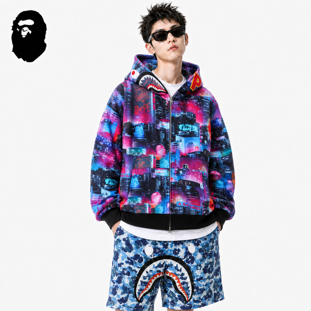 BAPE Tokyo Night Multicolor Zip Hoodie styled on a male model