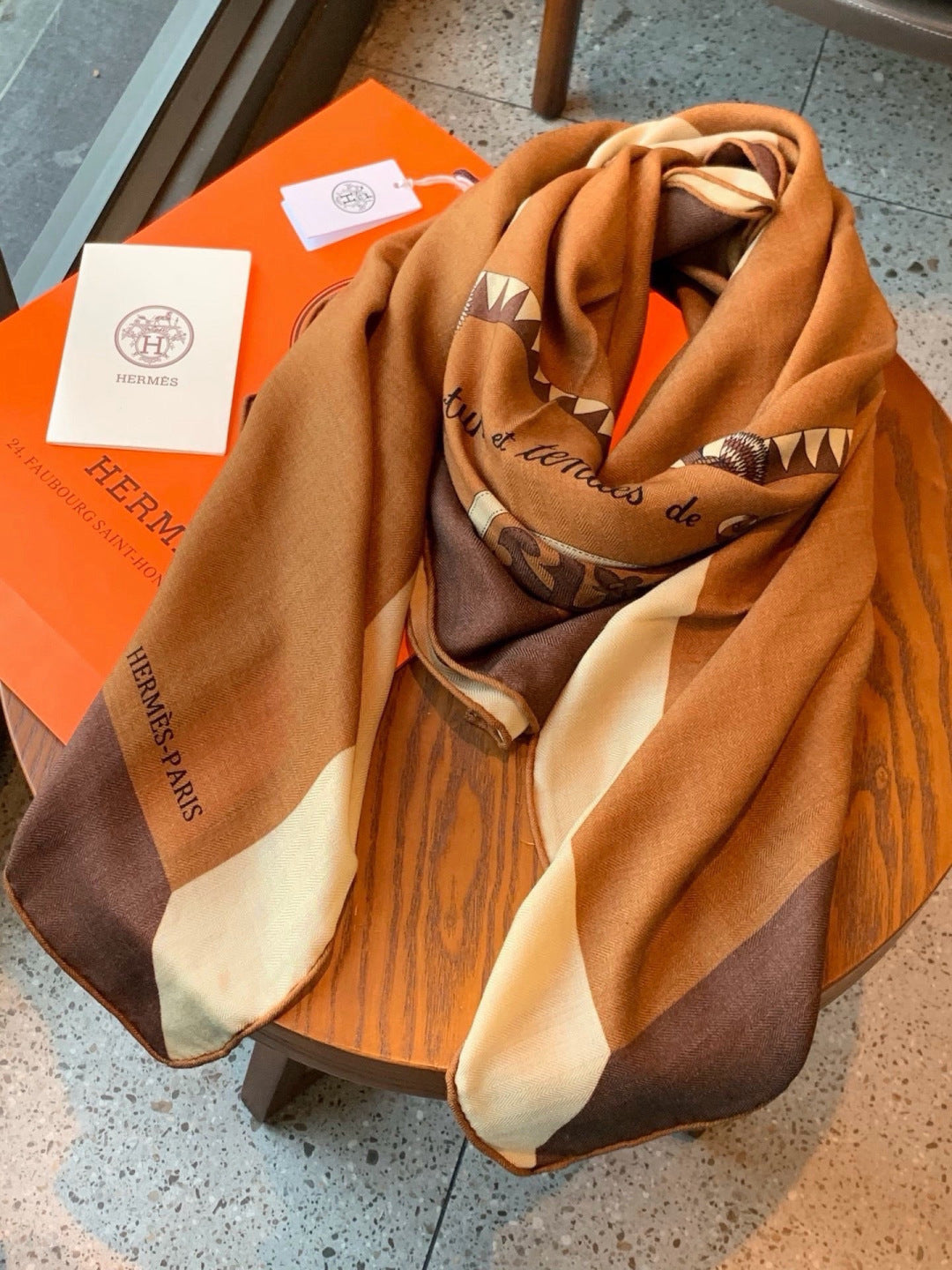 Hermes Style Equestrian Cashmere Silk Shawl - Brown - Detail Image 4