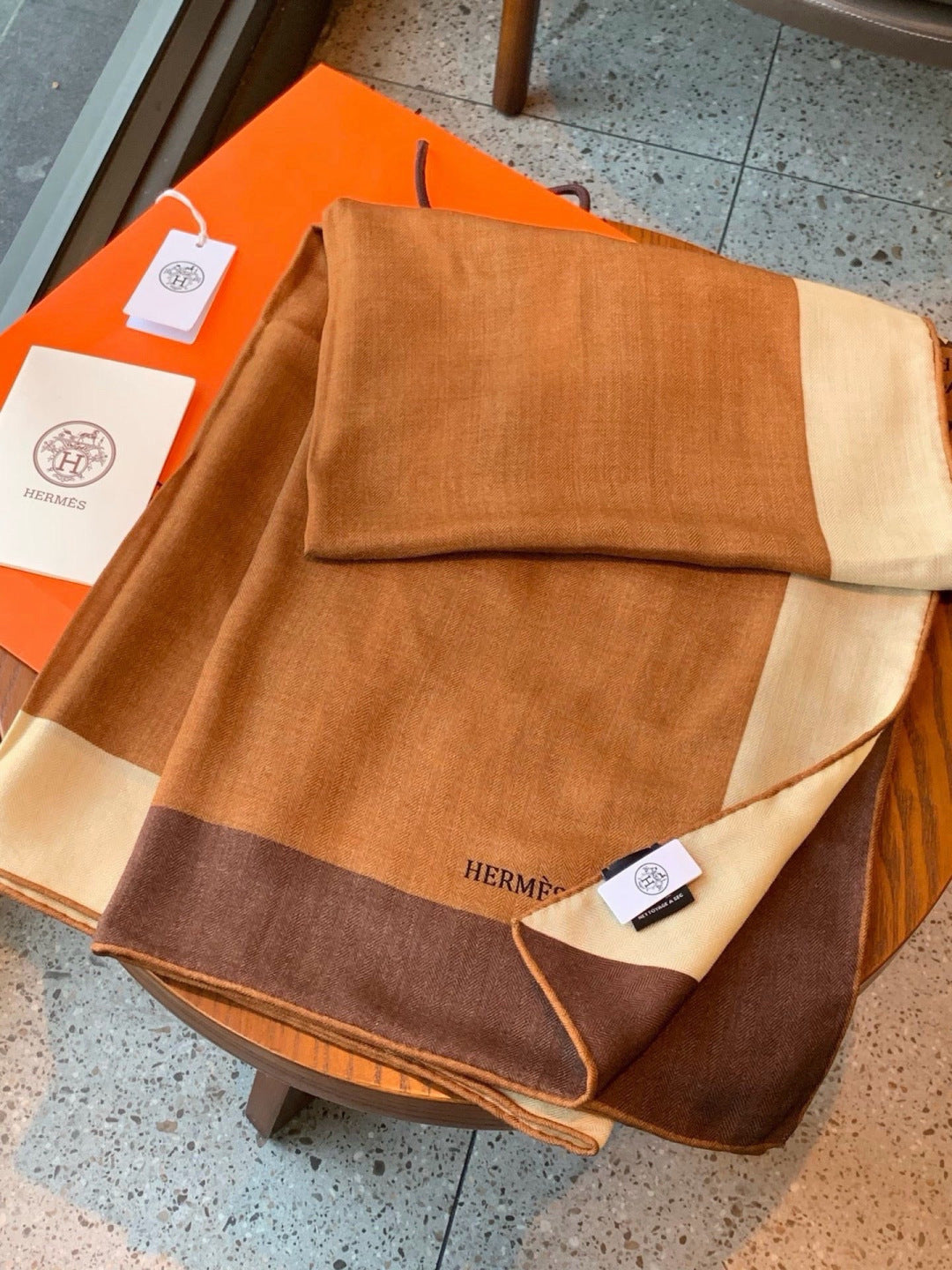 Hermes Style Equestrian Cashmere Silk Shawl - Brown - Detail Image 5