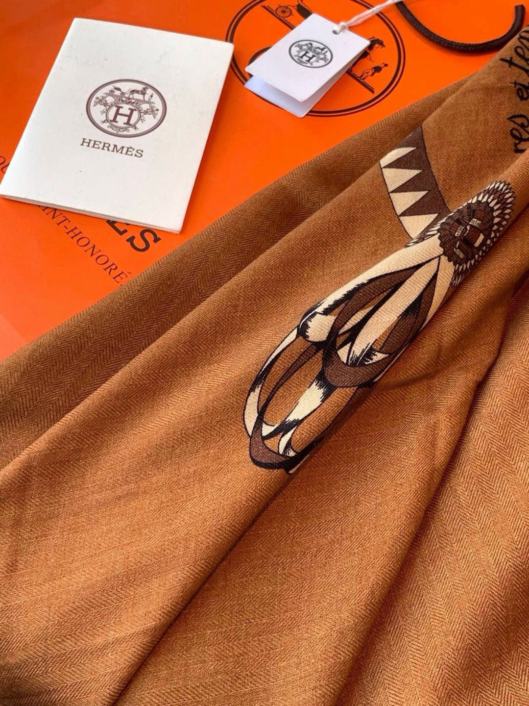 Hermes Style Equestrian Cashmere Silk Shawl - Brown - Detail Image 7