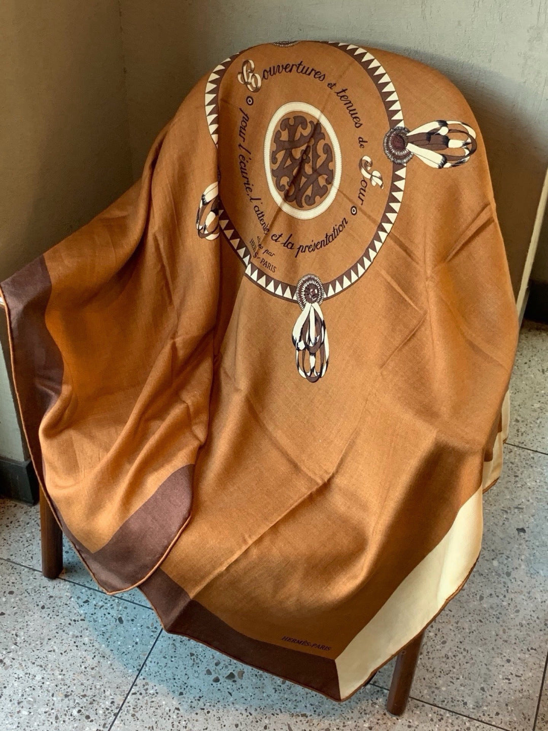 Hermes Style Equestrian Cashmere Silk Shawl - Brown - Detail Image 8