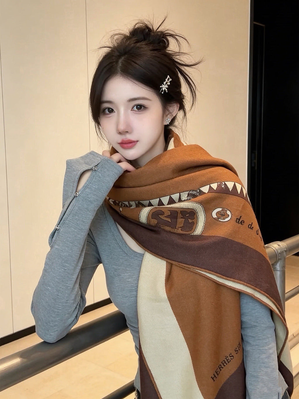 Hermes Style Equestrian Cashmere Silk Shawl - Brown - Model Worn Main Image
