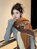 Hermes Style Equestrian Cashmere Silk Shawl - Brown - Model Worn Main Image