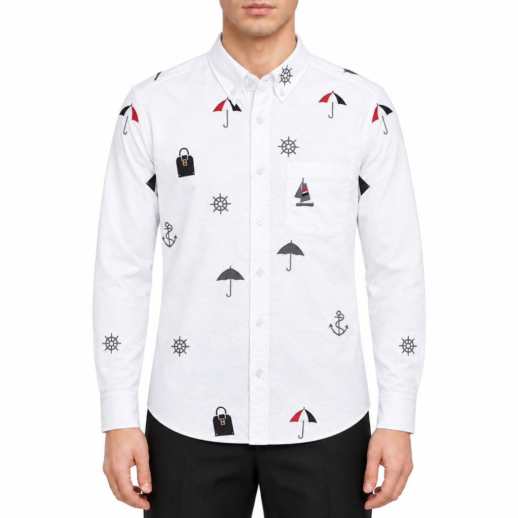 Men's Nautical Print Long-Sleeve Shirt — White & Blue by Thom Browne, modeled on a pure white background