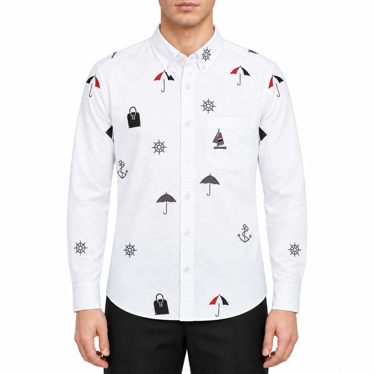 Men's Nautical Print Long-Sleeve Shirt — White & Blue by Thom Browne, modeled on a pure white background