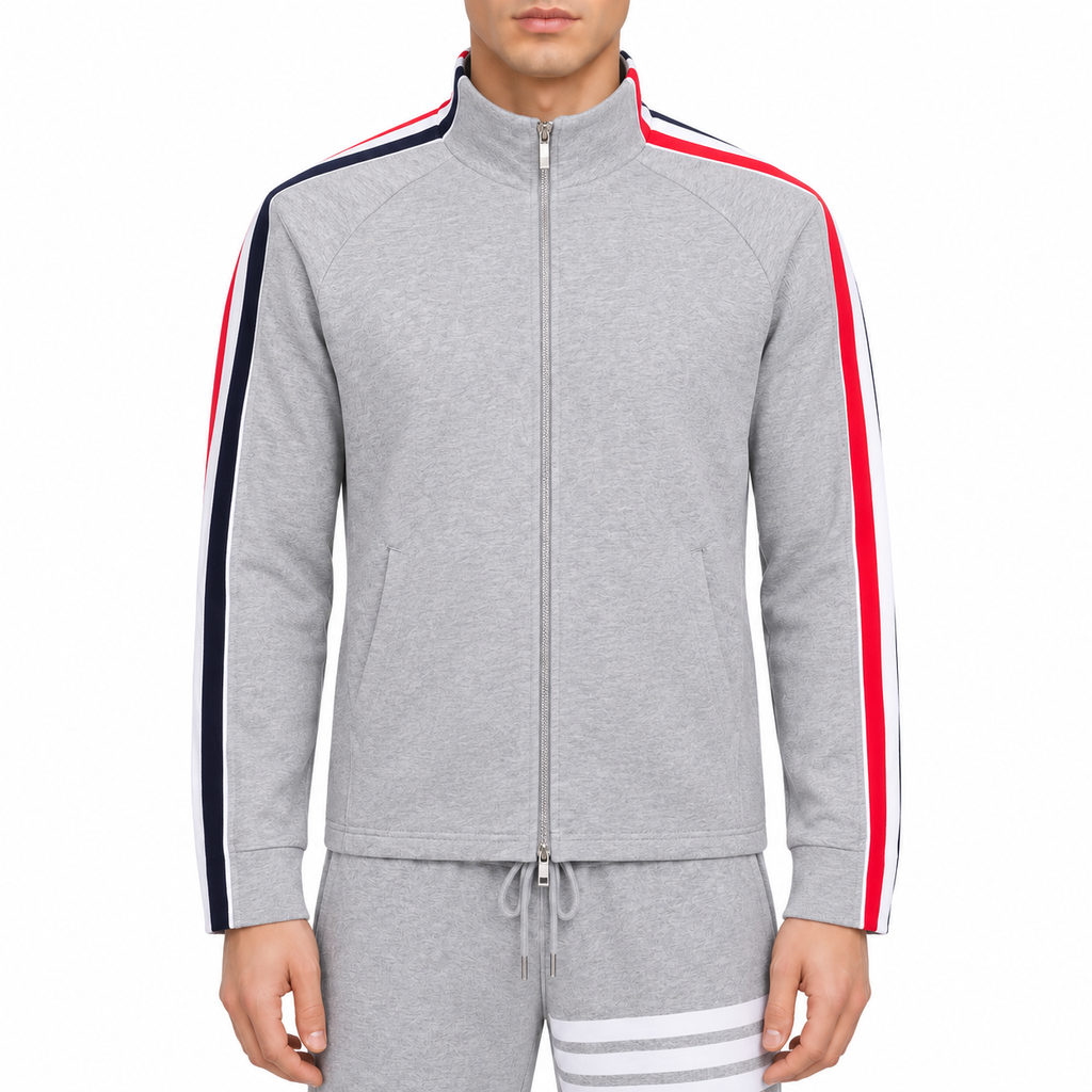 Zip - Up Sweatshirt - Premium Crew Neck Pullover by Thom Browne, modeled on a pure white background