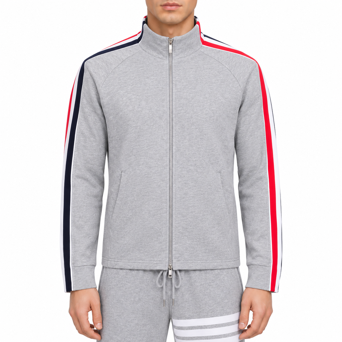 Zip - Up Sweatshirt - Premium Crew Neck Pullover by Thom Browne, modeled on a pure white background