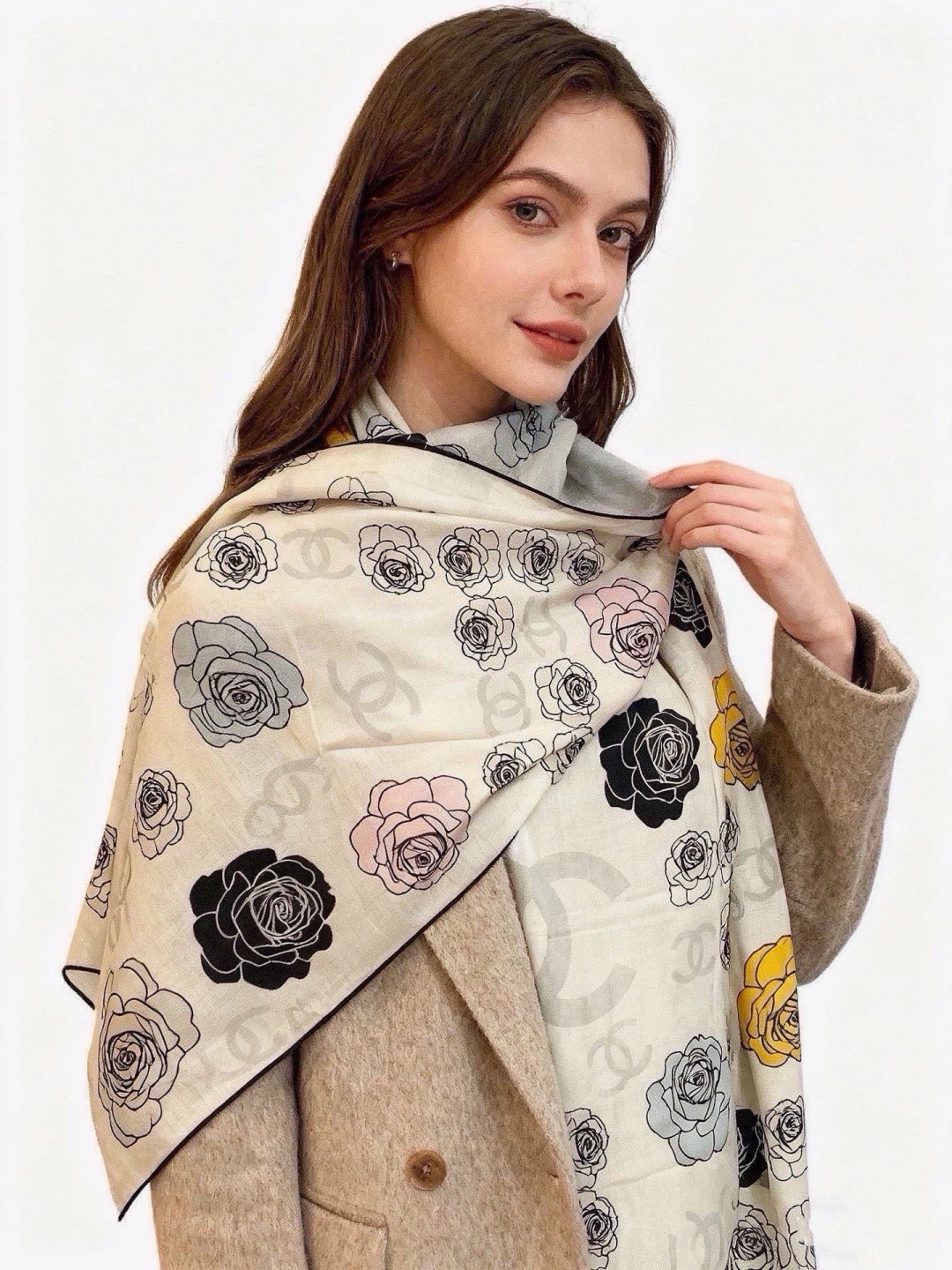 Chanel Style Camellia Velvet Shawl - Ivory - Detail Image 2