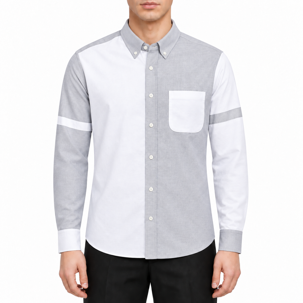 Men's Puppy Print Long-Sleeve Shirt — Back Slit, Gray & White by Thom Browne, modeled on a pure white background