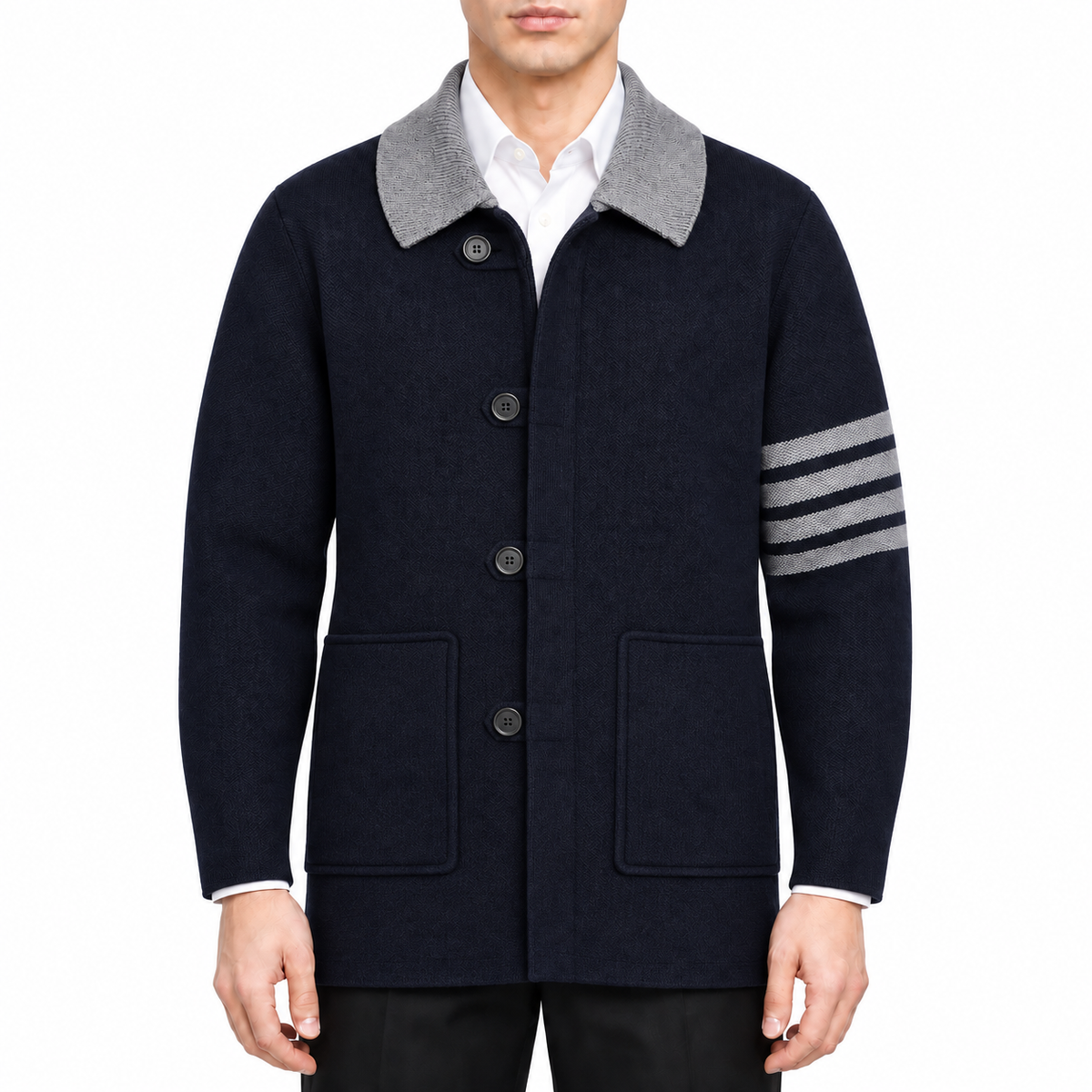 Men's COAT by Thom Browne, modeled on a pure white background
