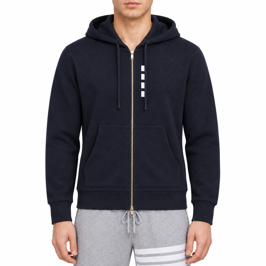 4 - Bar Embroidered Sports Hoodie - Premium Athletic Zip - Up by Thom Browne, modeled on a pure white background