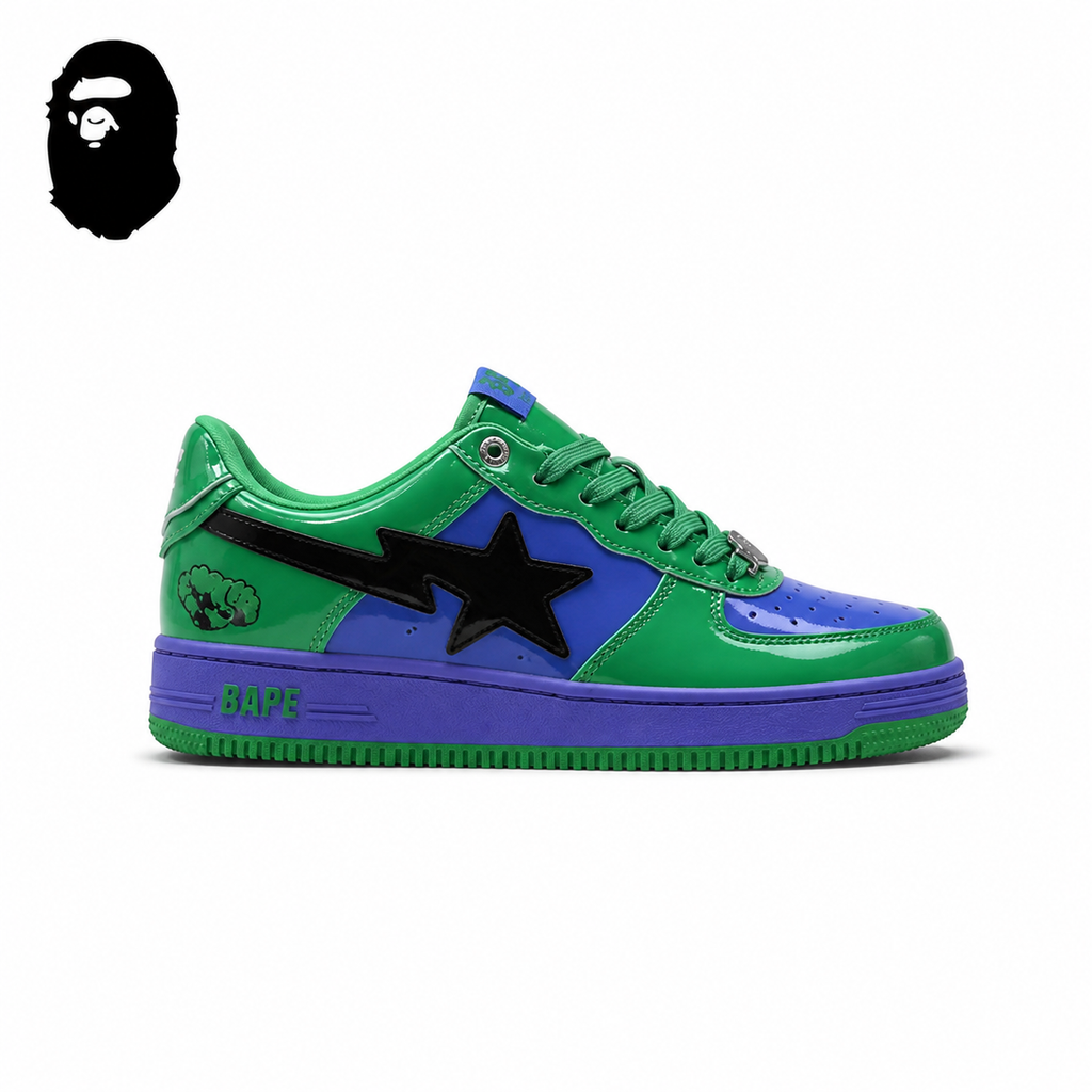 BAPE STA Low-Top Sneakers - Green/Purple, single side view on a white background