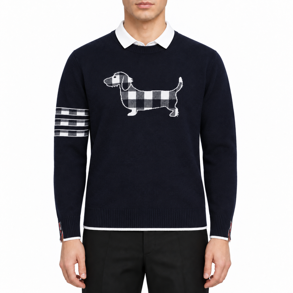 Men's Knitwear by Thom Browne, modeled on a pure white background