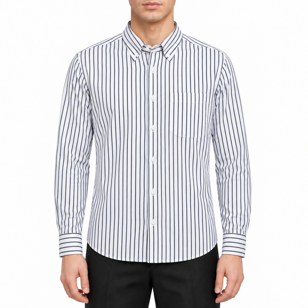 Classic Four-Bar Black & White Striped Patchwork Shirt - Premium Designer by Thom Browne, modeled on a pure white background