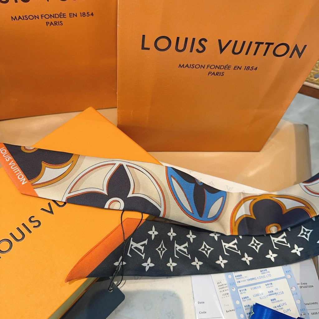 Louis Vuitton Style Monogram Floral Silk Twilly - Black White - Detail Image 6